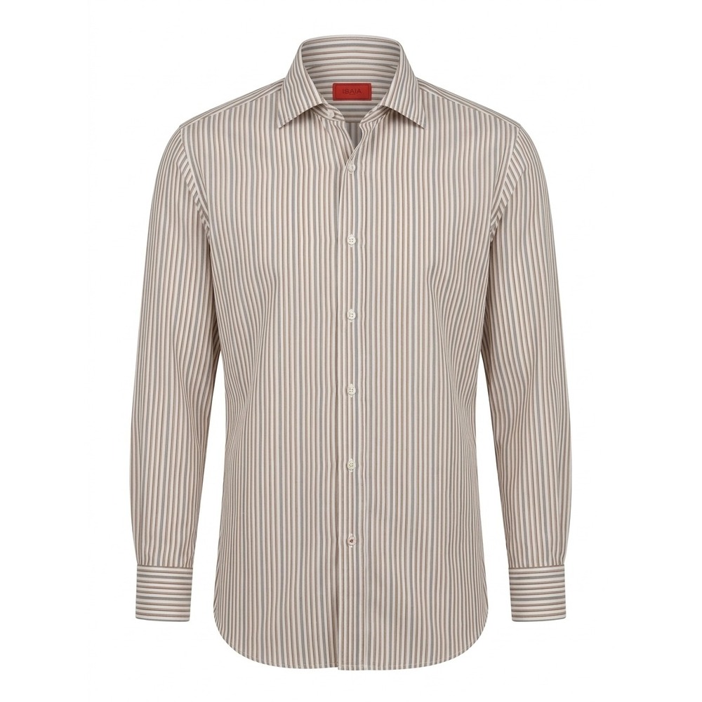 Isaia Napoli Mens Brown White Striped Button Down Shirt 46/48 Italy See Notes